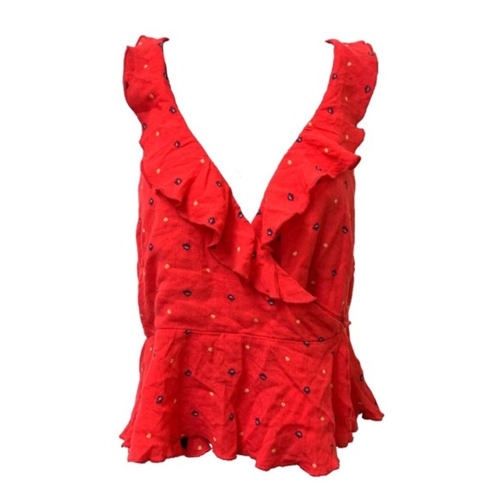 Free People Red Floral Boho Wrap Blouse.